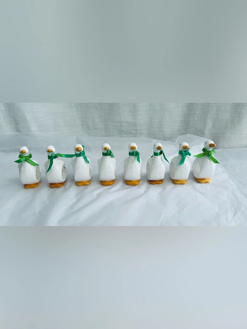 Vintage 1983 R, Gavalon Collectible Ceramic Duck Napkin Rings with Green Bows